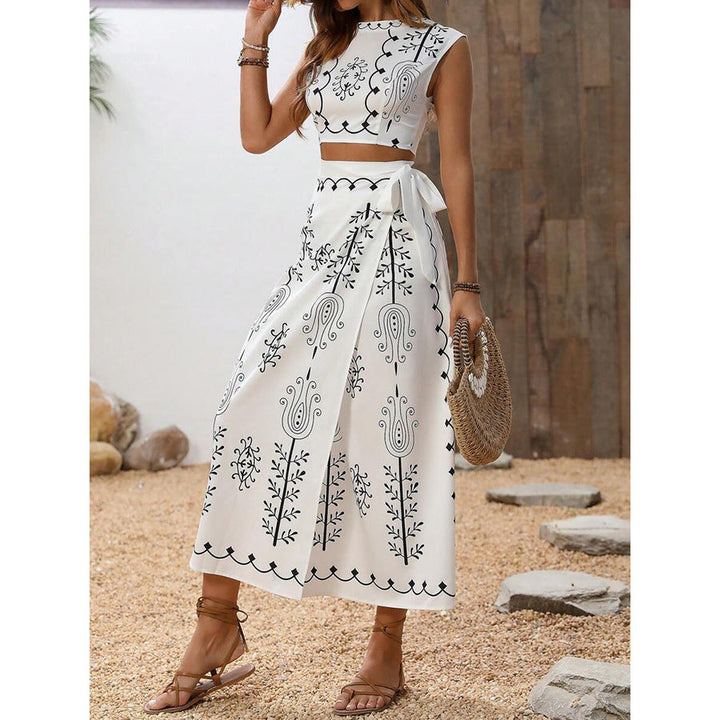 Dames Two-Piece Set – Mouwloze Crop Top – Wikkel Midi Rok – Ademende Stof