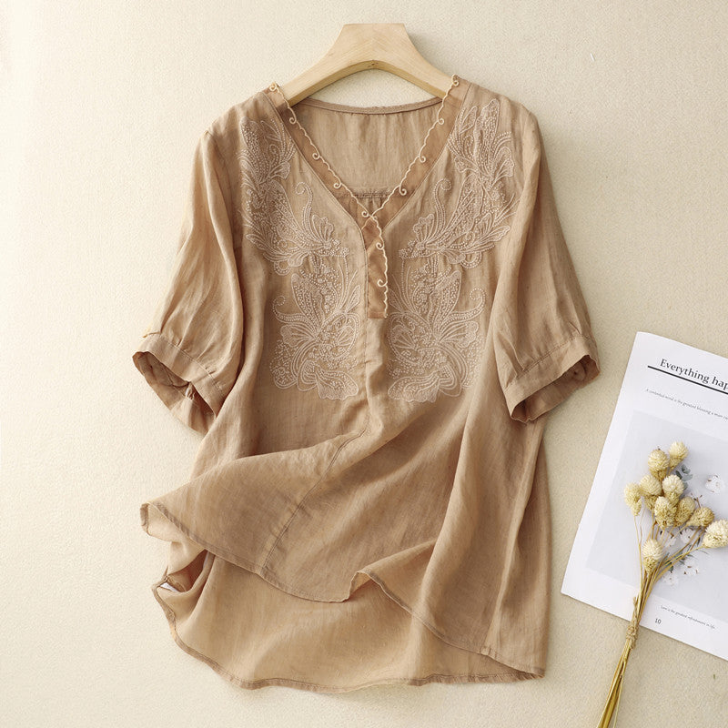 Dames Blouse – Losse Pasvorm – V-hals – Korte Mouwen – Geborduurd – Ademend Materiaal
