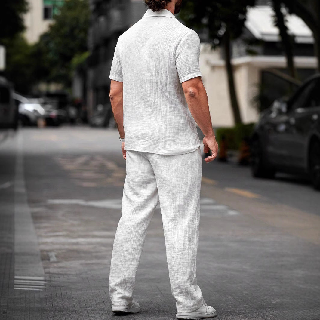 Heren Set – Korte Mouw Shirt en Lange Broek – Relaxte Pasvorm – Natuurlijk Textiel