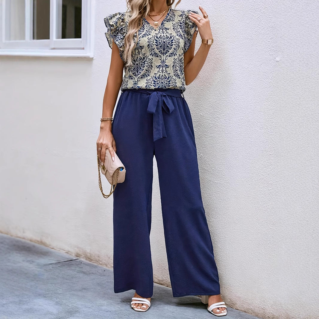 Dames Set – V-hals Top met Ruches – Bloemenprint – Wijde Broek met Ceintuur