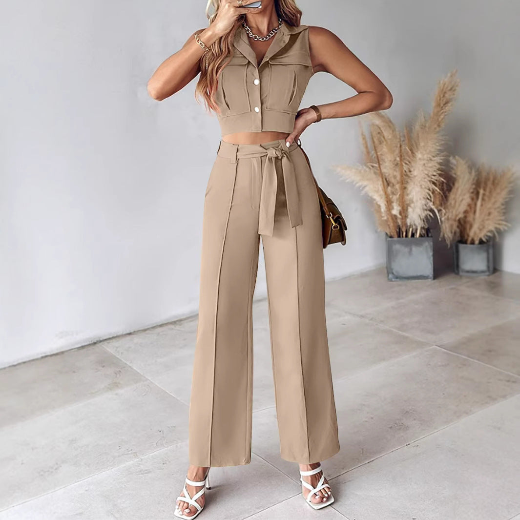 Dames Pantalon Set – Mouwloze Crop Top – Hoge Taille Wijde Pijpen – Ceintuur Detail