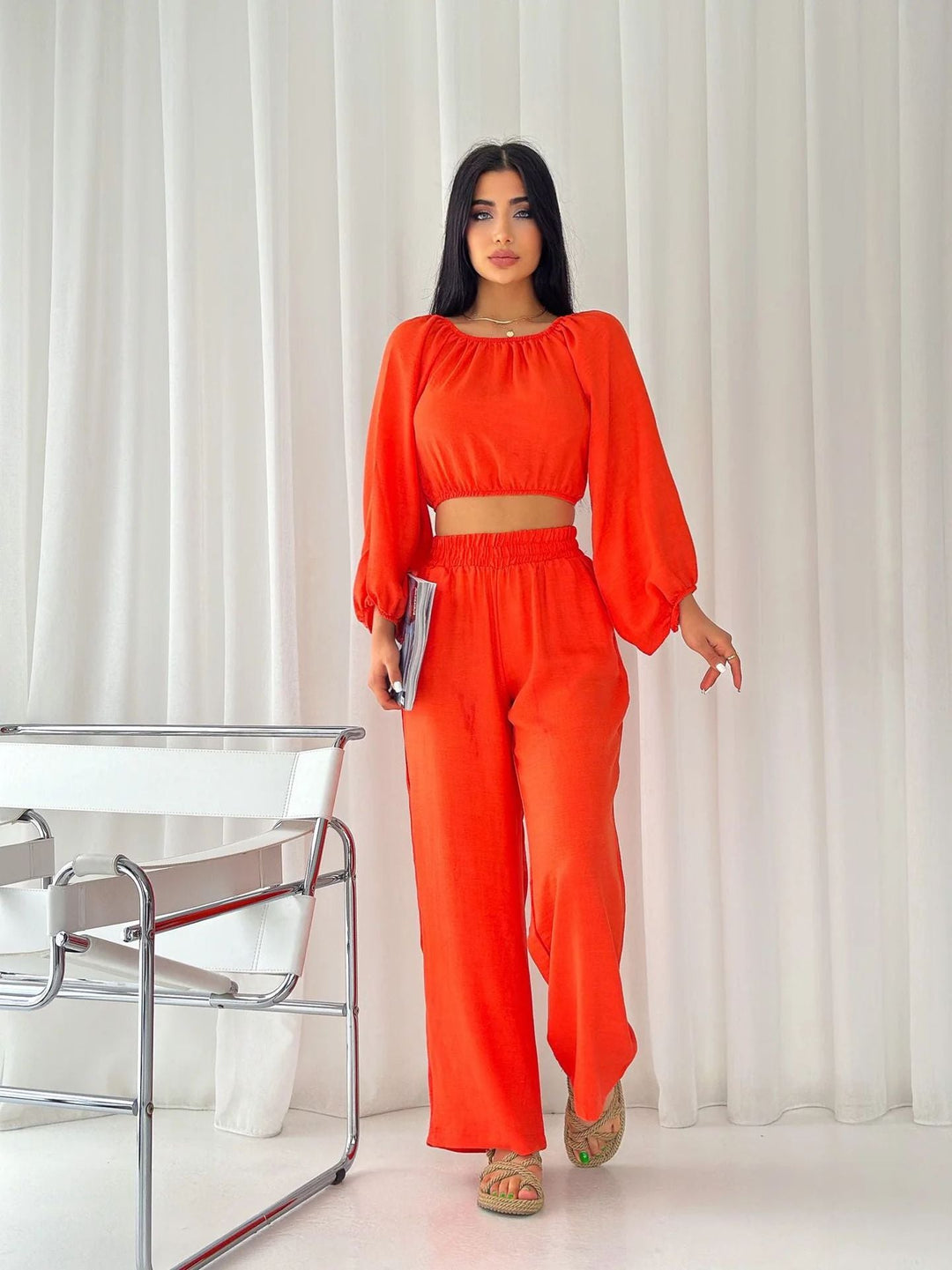Dames Tweedelige Set – Off-Shoulder Crop Top – Hoge Taille Wijde Pijpen – Luchtige Stof