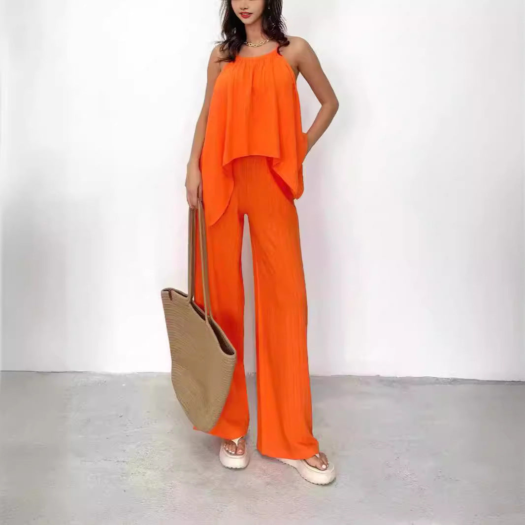 Dames Haltertop en Broek Set – Asymmetrisch Draperend – Ademend – Wijde Pijpen