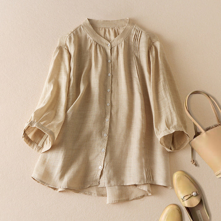 Dames Blouse – Relaxed Fit – Halflange Mouwen – Staande Kraag – Geplooid Detail – Natuurlijke Vezels