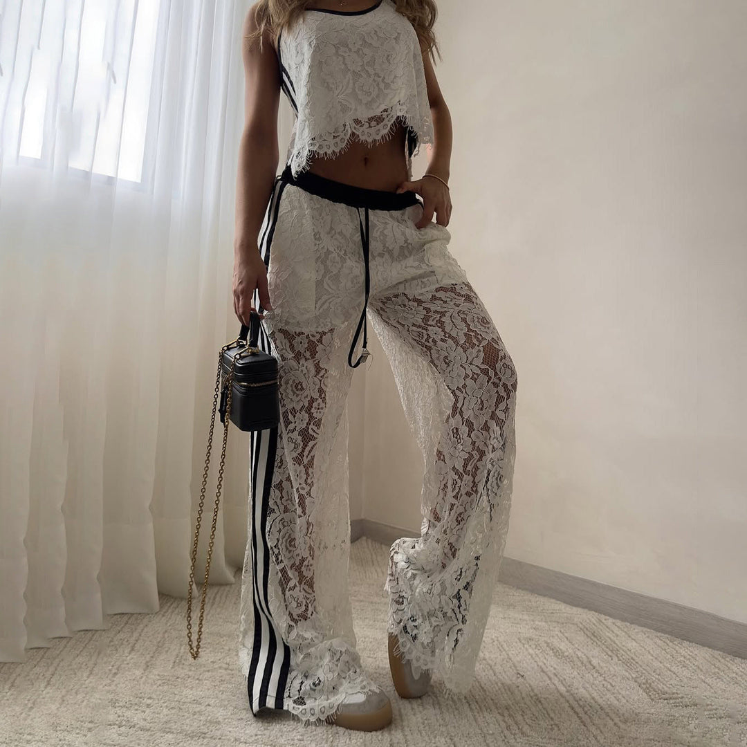 Dames Tweedelig Set – Kanten Cropped Top – Losse Broek met Trekkoord – Ademend Ontwerp