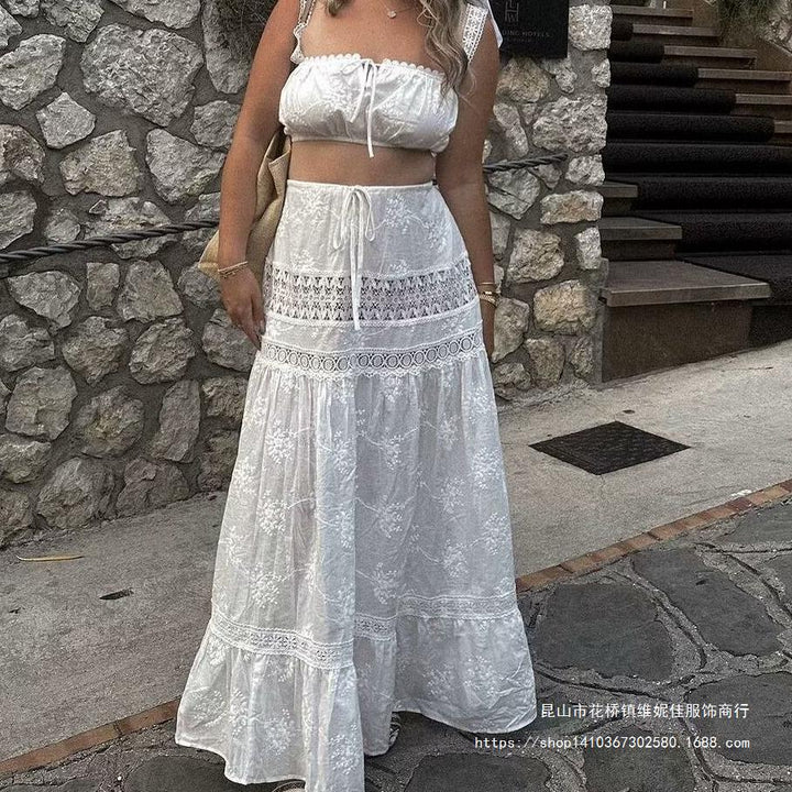 Dames Tweedelige Set – Off Shoulder Crop Top – Hoge Taille Gelaagde Maxi Rok