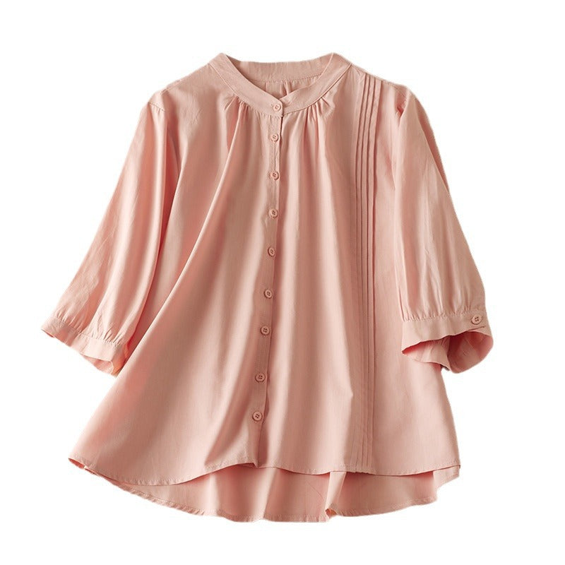 Dames Blouse – Relaxed Fit – Halflange Mouwen – Staande Kraag – Geplooid Detail – Natuurlijke Vezels