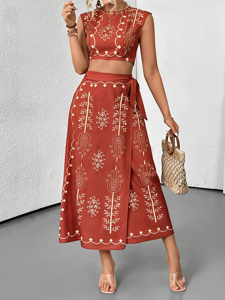 Dames Two-Piece Set – Mouwloze Crop Top – Wikkel Midi Rok – Ademende Stof