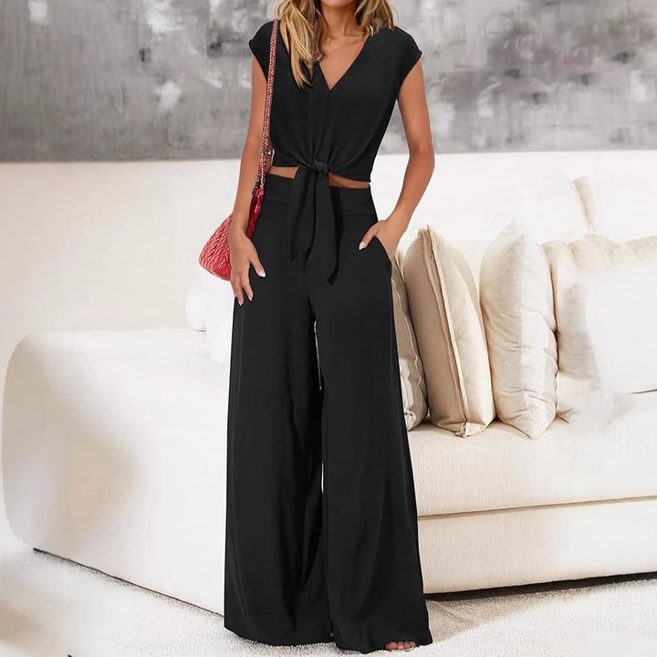 Dames Twee-Delige Set – V-Hals Korte Top met Strik – Hoge Taille Wijde Pijpen Broek