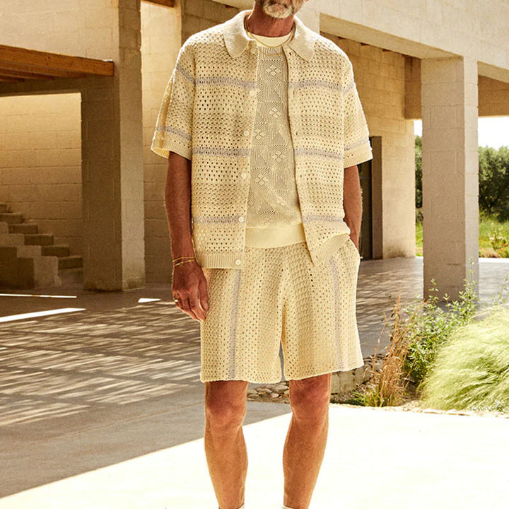 Heren Set – Relaxed Fit Vest en Shorts – Open Knit – Luchtige Zachte Stof