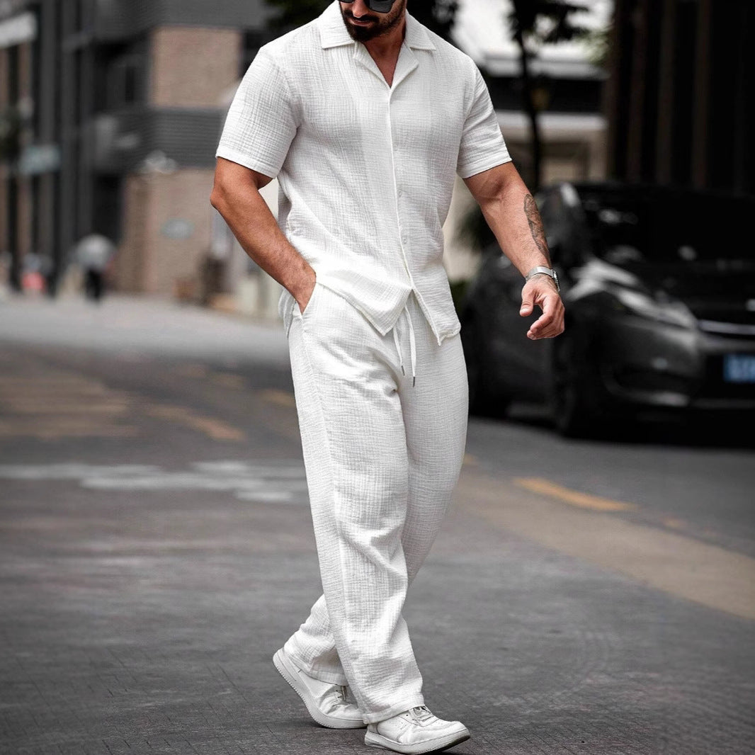 Heren Set – Korte Mouw Shirt en Lange Broek – Relaxte Pasvorm – Natuurlijk Textiel