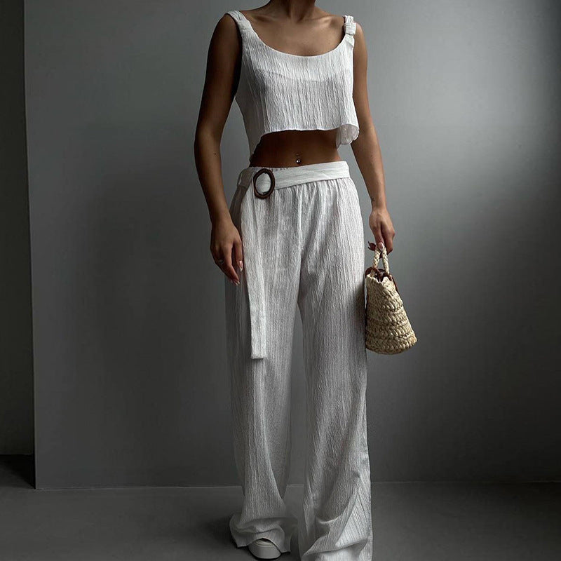 Dames Tweedelige Set – Losse Crop Top & Wijde Broek – Luchtige Ademend Stof