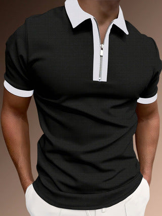 Heren polo shirt – Slim fit – Half zip – Ademende stof – Subtiel patroon – Ribboorden