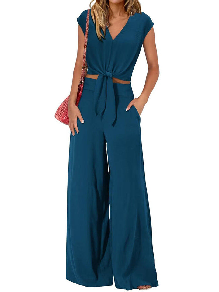 Dames Set – V-hals Crop Top met Striksluiting – Hoge Taille Wijde Pijpen Broek