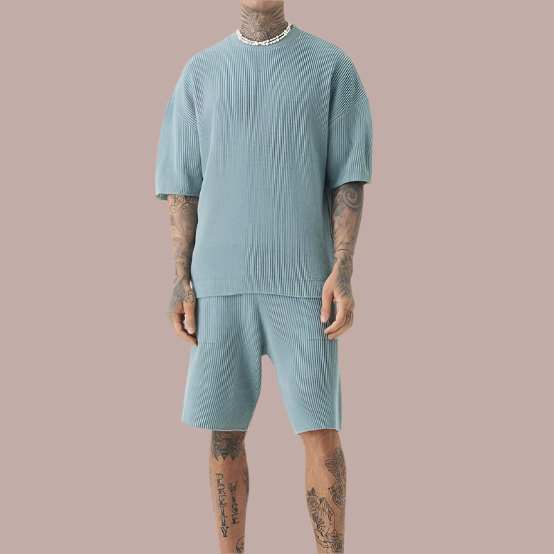 Heren Set – Relaxte Pasvorm – Ribstructuur – Korte Mouw Top met Shorts