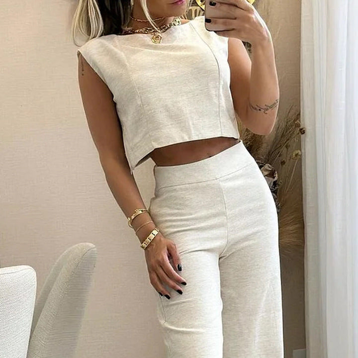 Dames Tweedelige Set – Mouwloos Croptop – Hoge Taille Wijde Pijpen – Ademend Comfort
