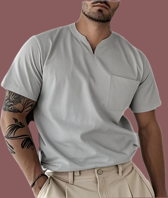 Heren T-shirt met V-hals – Slim Fit – Borstzak – Ademend Natuurvezel Casual Model