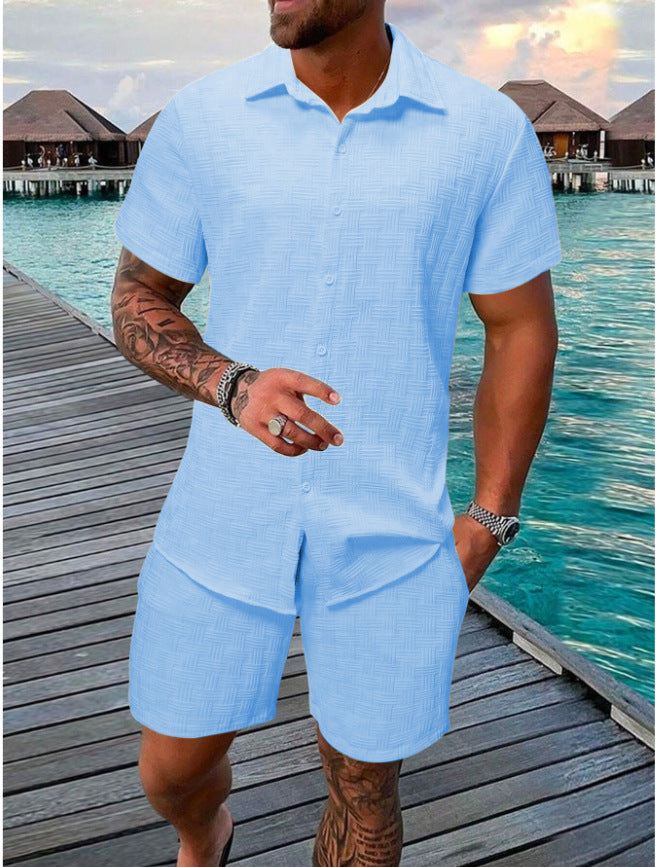 Heren Two-Piece Set – Relaxed Fit – Ademende Stof – Jacquard Patroon – Casual Look