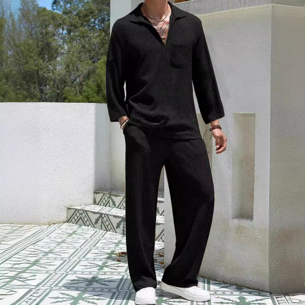 Heren Lounge Set – Relaxte Pasvorm – Zacht Geribd – Lange Mouwen & Lange Broek