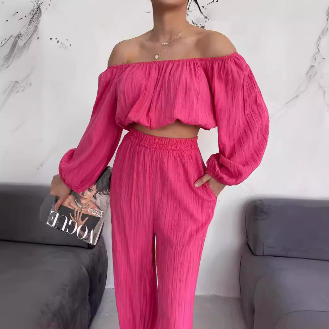 Dames Tweedelige Set – Off-Shoulder Crop Top – Hoge Taille Wijde Pijpen – Luchtige Stof