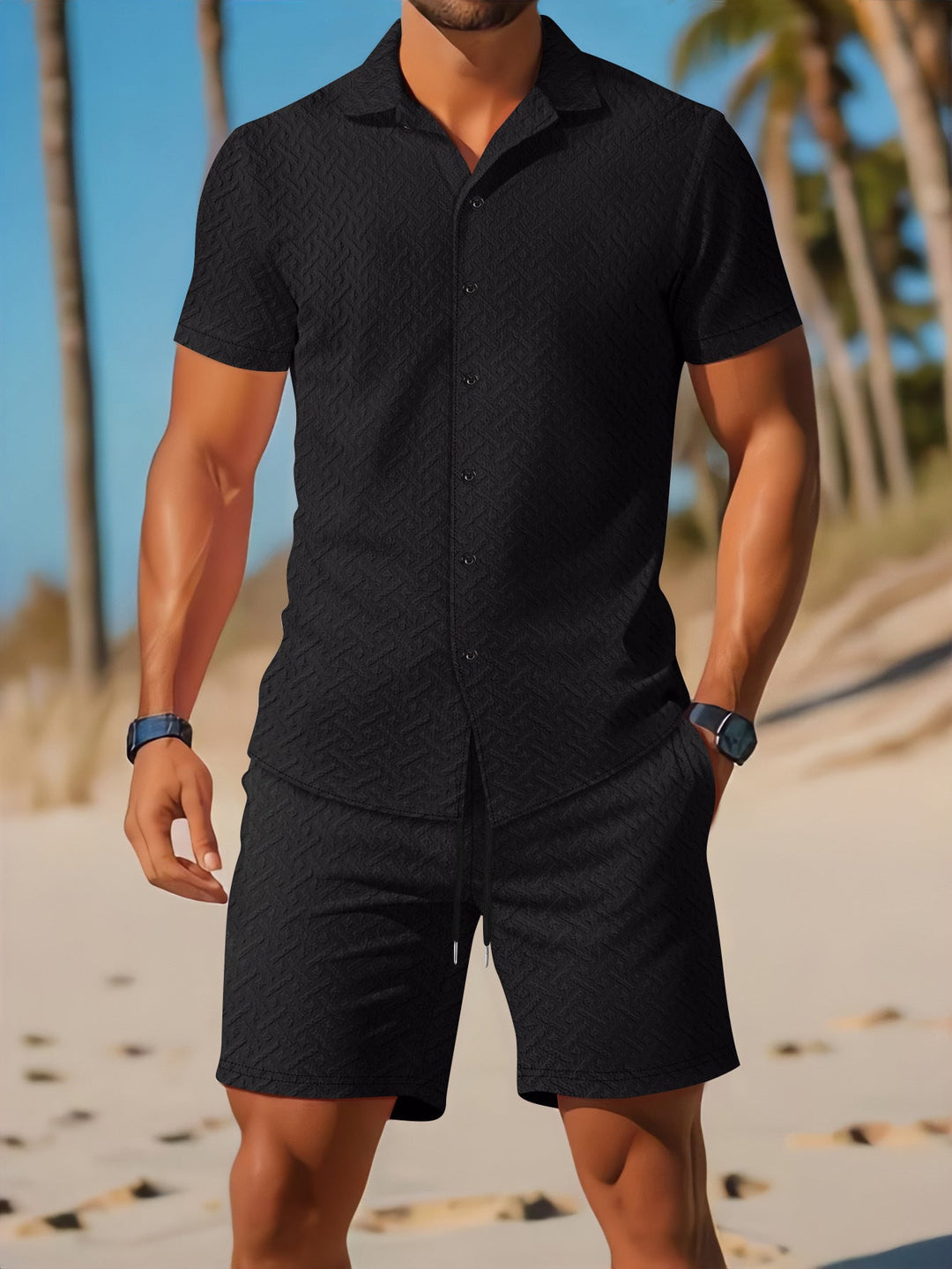Heren Set Shirt en Short – Slim Fit – Ademend – Embossed Textuur – Casual Look