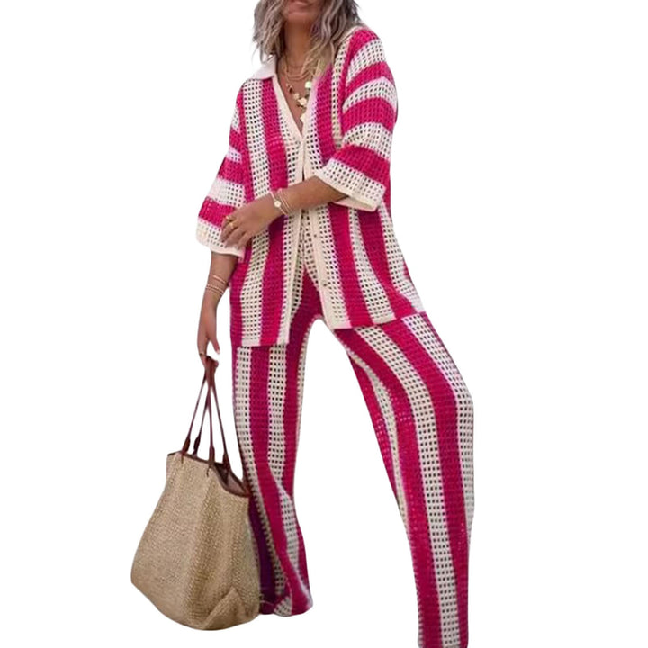 Dames Knit Set – V-hals Losvallende Top & Wijde Broek – Lichtgewicht Ademend Gestreept