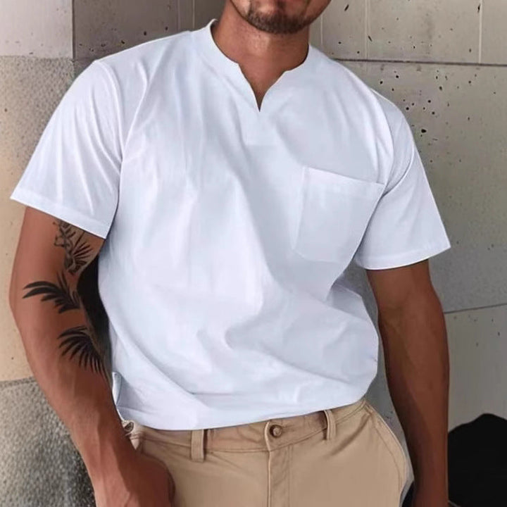 Heren T-shirt met V-hals – Slim Fit – Borstzak – Ademend Natuurvezel Casual Model