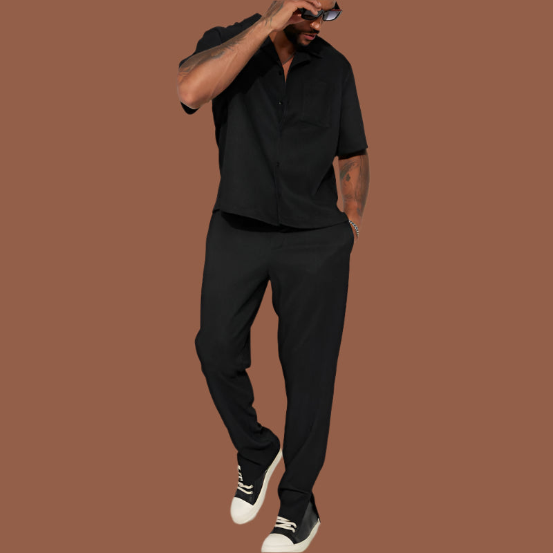 Heren Set – Korte Mouw Overhemd met Kraag – Lange Broek – Ademende Stof – Relaxed Fit