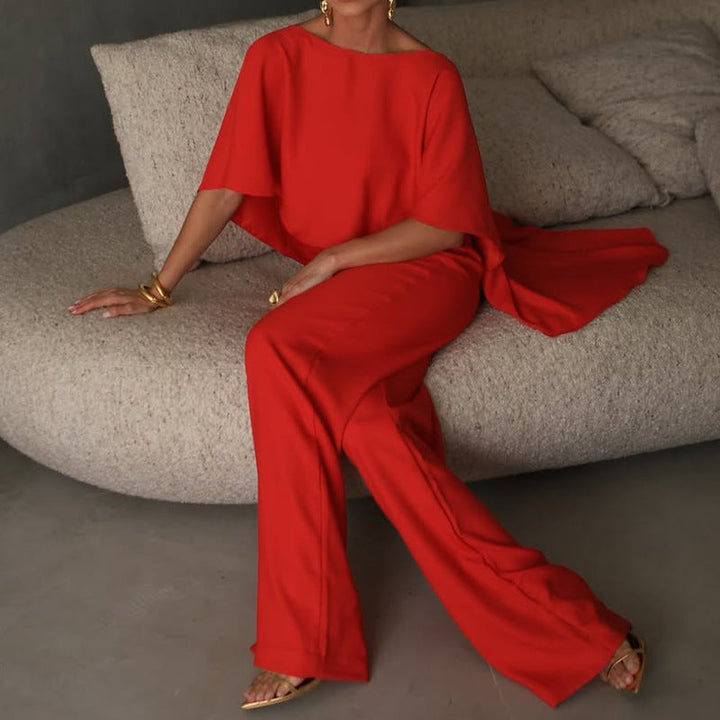 Dames Two-Piece Set – Asymmetrische Top – Wijde Pantalon – Elegante Flowy Pasvorm