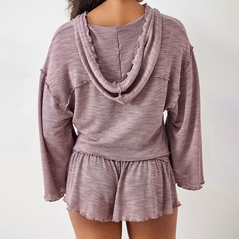 Dames Tweedelige Set – Cropped Hoodie Top – Hoge Taille Flowy Shorts – Zacht Gebreid
