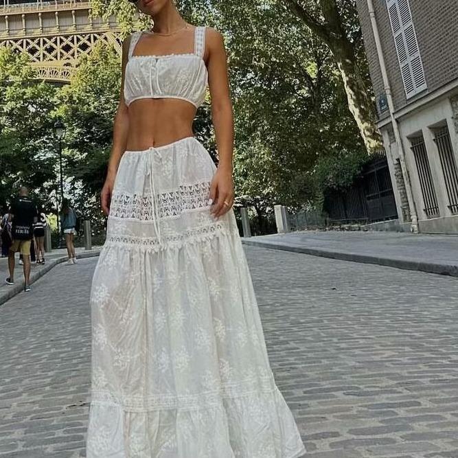 Dames Tweedelige Set – Off Shoulder Crop Top – Hoge Taille Gelaagde Maxi Rok