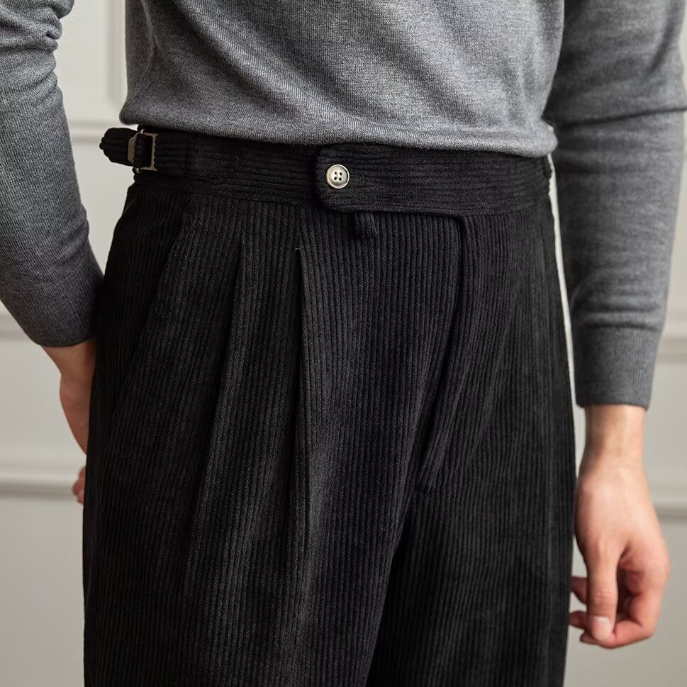 Heren Broek – Rechte Pasvorm – Hoge Taille – Luxe Ribstof – Geplooid Vooraan – Enkelhoogte