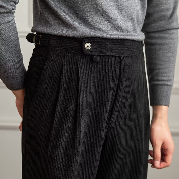 Heren Broek – Rechte Pasvorm – Hoge Taille – Luxe Ribstof – Geplooid Vooraan – Enkelhoogte