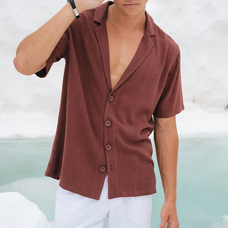 Heren Overhemd – Relaxed Fit – Ademend Materiaal – Korte Mouwen – Diepe V-Hals