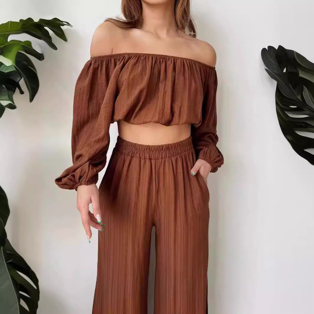 Dames Tweedelige Set – Off-Shoulder Crop Top – Hoge Taille Wijde Pijpen – Luchtige Stof
