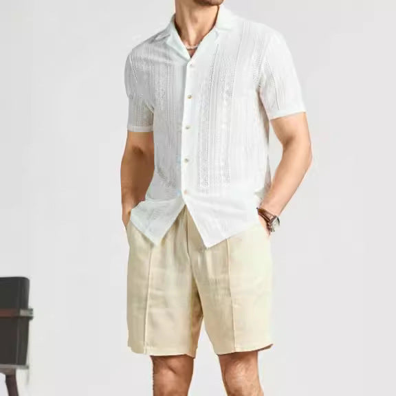 Heren Overhemd met Korte Mouwen – Relaxed Fit – Zacht Gebreid – Kantdetails