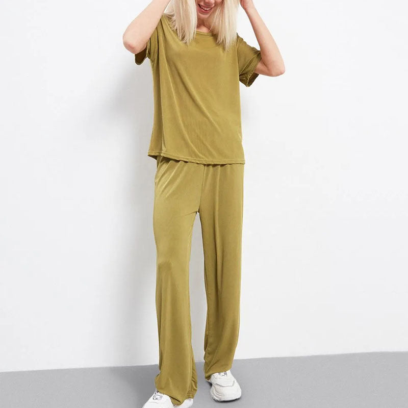 Dames Loungewear Set – Korte Mouwen – Cropped Top – Wijde Pijpen – Ademend Comfort