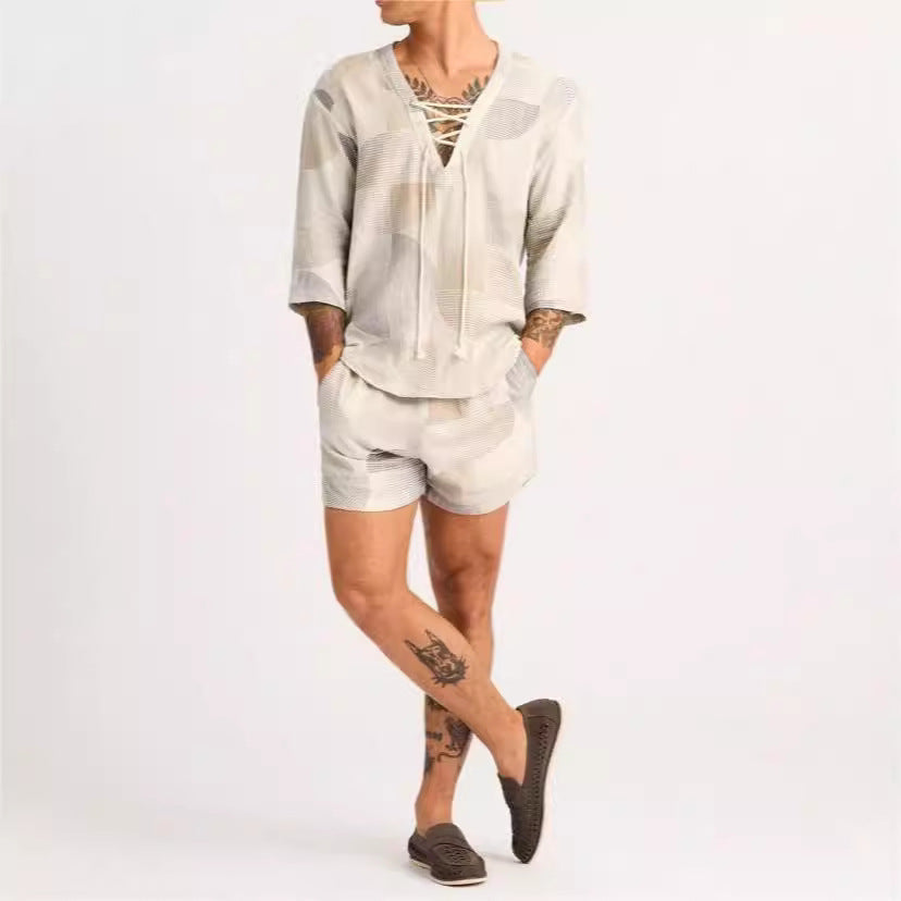 Heren Set – Korte Broek en Lace-Up Shirt – Relaxed Fit – Ademend Natuurlijk Textiel