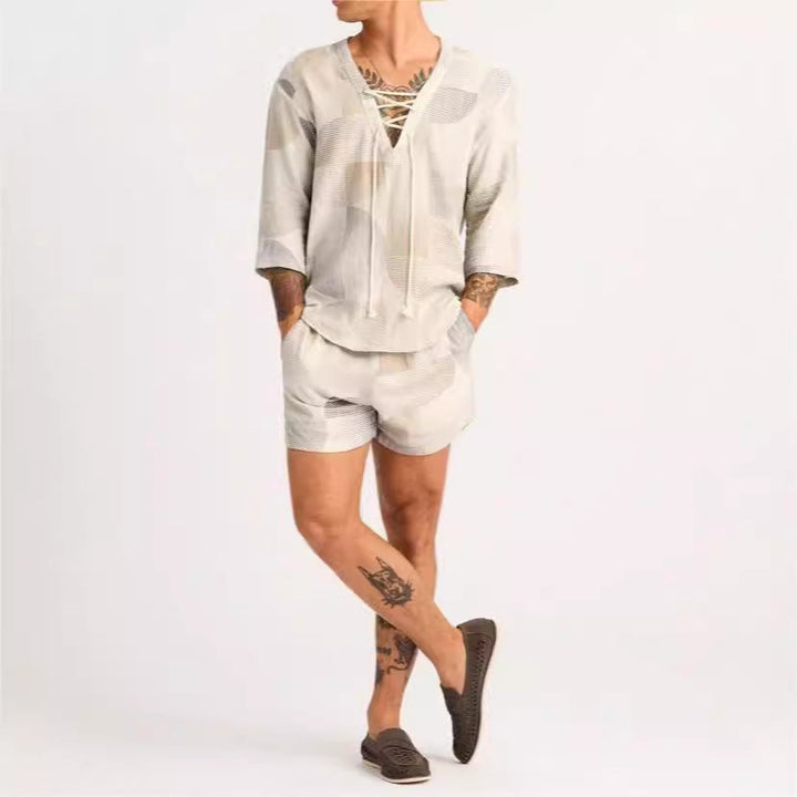 Heren Set – Korte Broek en Lace-Up Shirt – Relaxed Fit – Ademend Natuurlijk Textiel