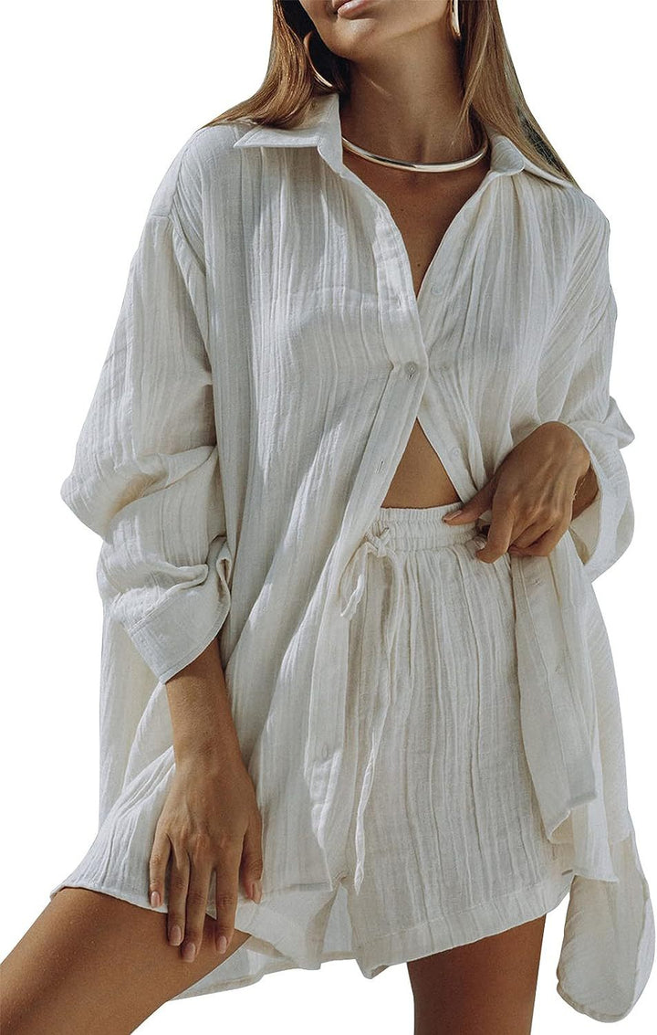 Dames Tweedelige Set – Oversized Blouse met Lange Mouwen – Relaxte Shorts – Ademend Materiaal
