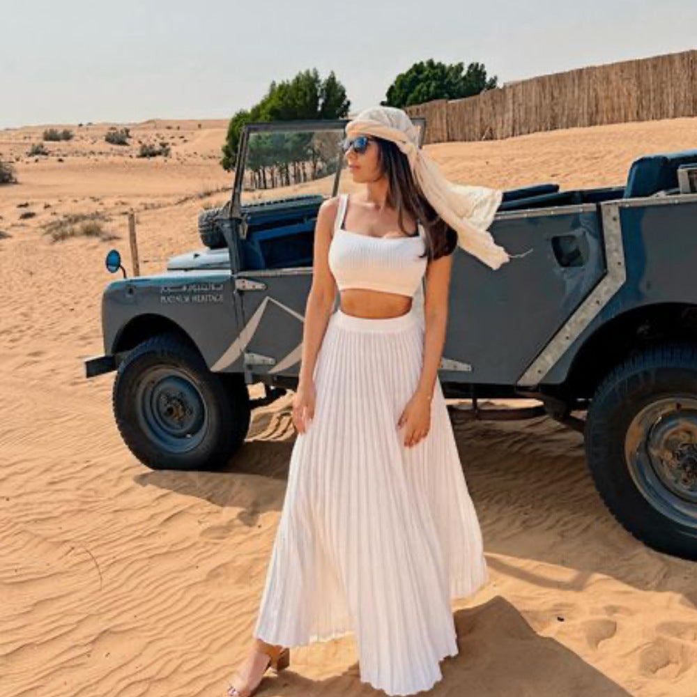 Dames Set – Slim Fit Cropped Top – Vierkante Hals – Maxi Plissérok – Zachte Knit