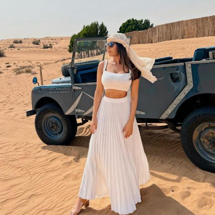 Dames Set – Slim Fit Cropped Top – Vierkante Hals – Maxi Plissérok – Zachte Knit