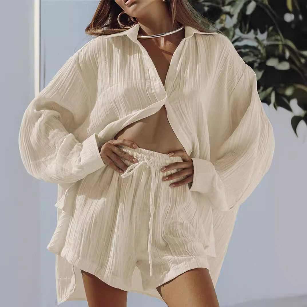 Dames Tweedelige Set – Oversized Blouse met Lange Mouwen – Relaxte Shorts – Ademend Materiaal