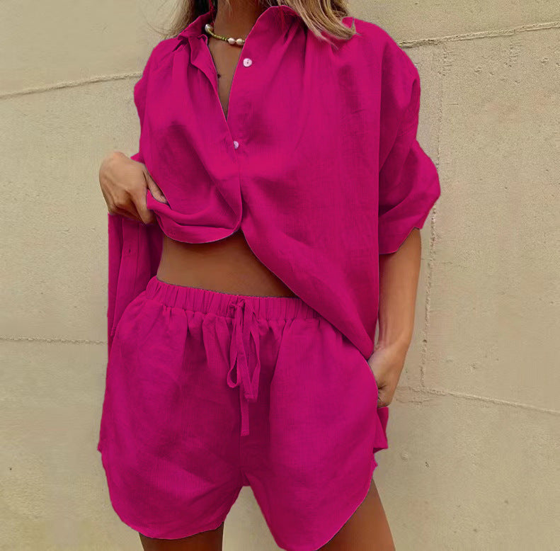 Dames Two-Piece Set – Relaxed Fit Shirt – Hoge Taille Shorts – Ademend Textiel