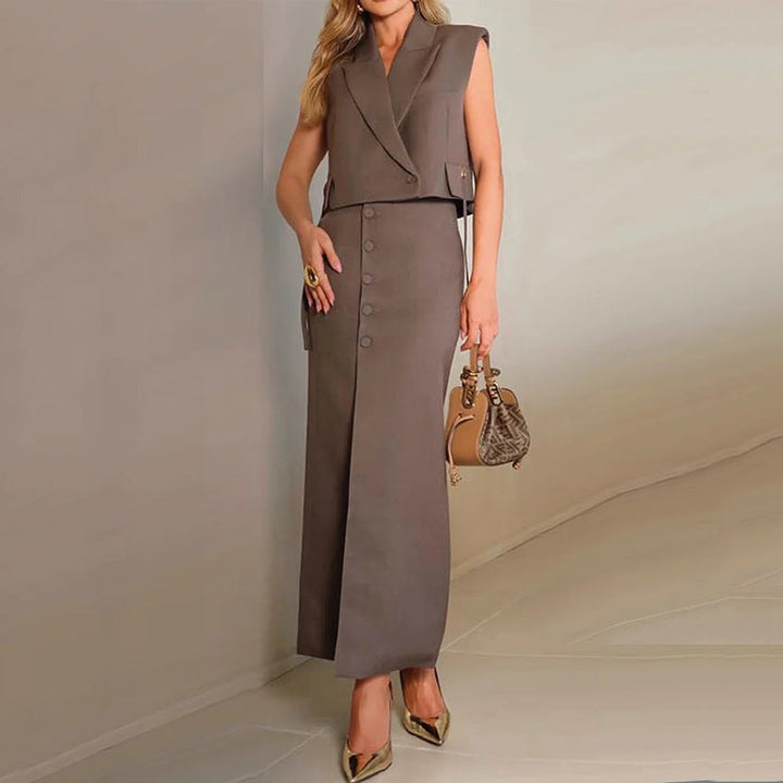 Dames Two-Piece Set – Cropped Top met Revers – High-Waist Midi Rok met Split