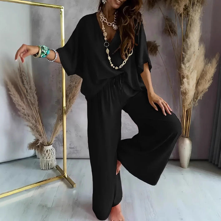 Dames Set – Relaxed Fit – V-hals Top met Korte Mouwen – Wijde Broek – Ademende Stof
