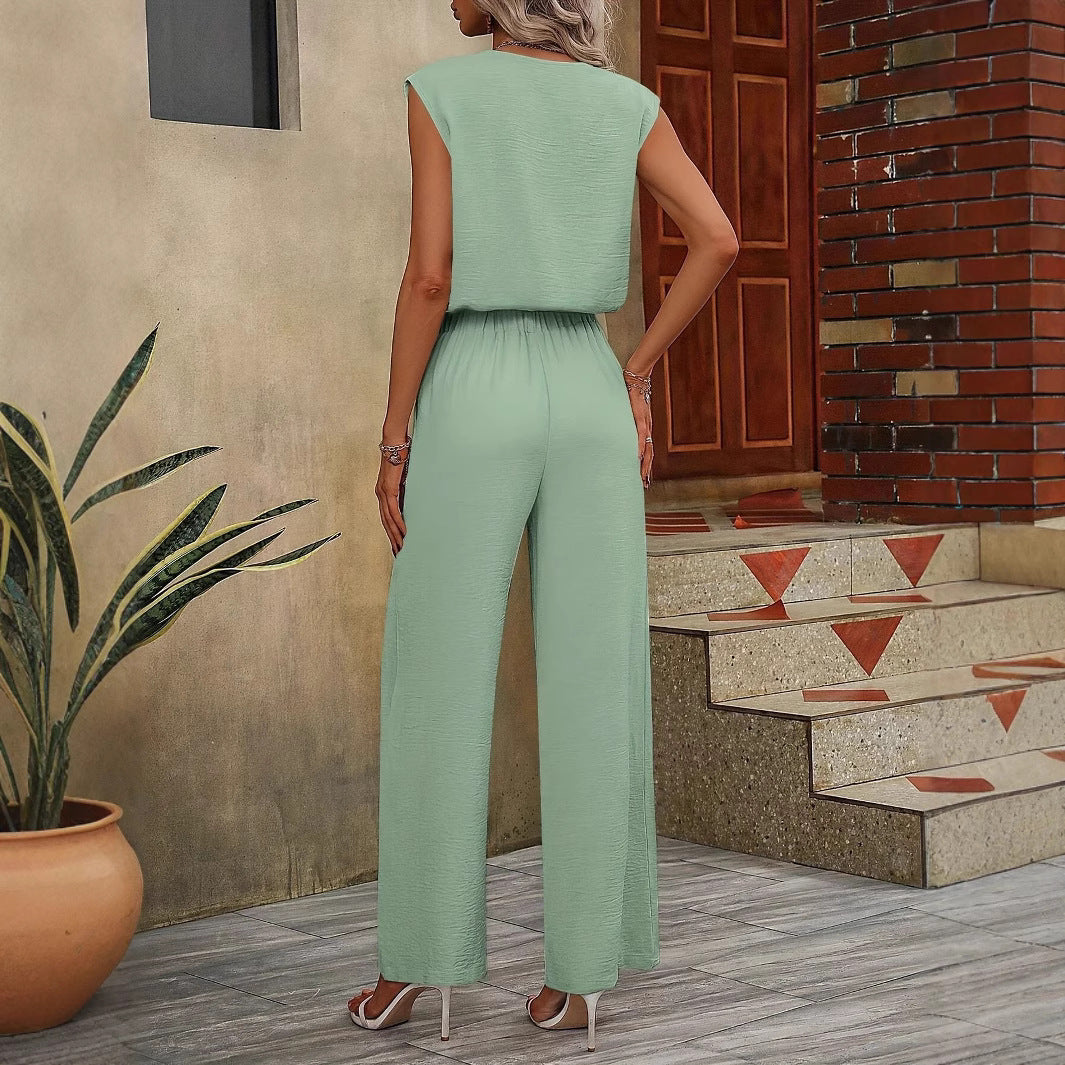 Dames Set Top en Broek – V-hals – Wijde Pasvorm – Verstelbare Taille – Ademende Stof