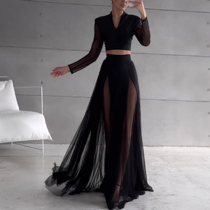 Dames Tweedelige Set – Slim Fit Crop Top – Mesh Lange Mouw – A-lijn Maxi Rok