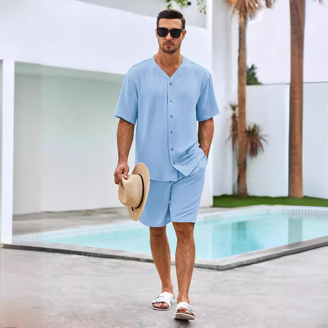 Heren Set – V-hals Overhemd met Knoopsluiting en Relaxte Short – Ademend Textiel