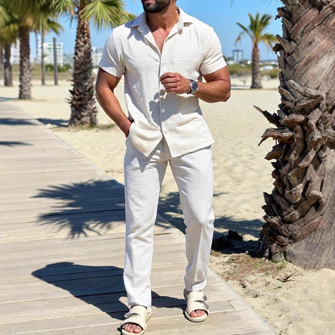 Heren Set – Korte Mouw Shirt en Lange Broek – Relaxte Pasvorm – Natuurlijk Textiel